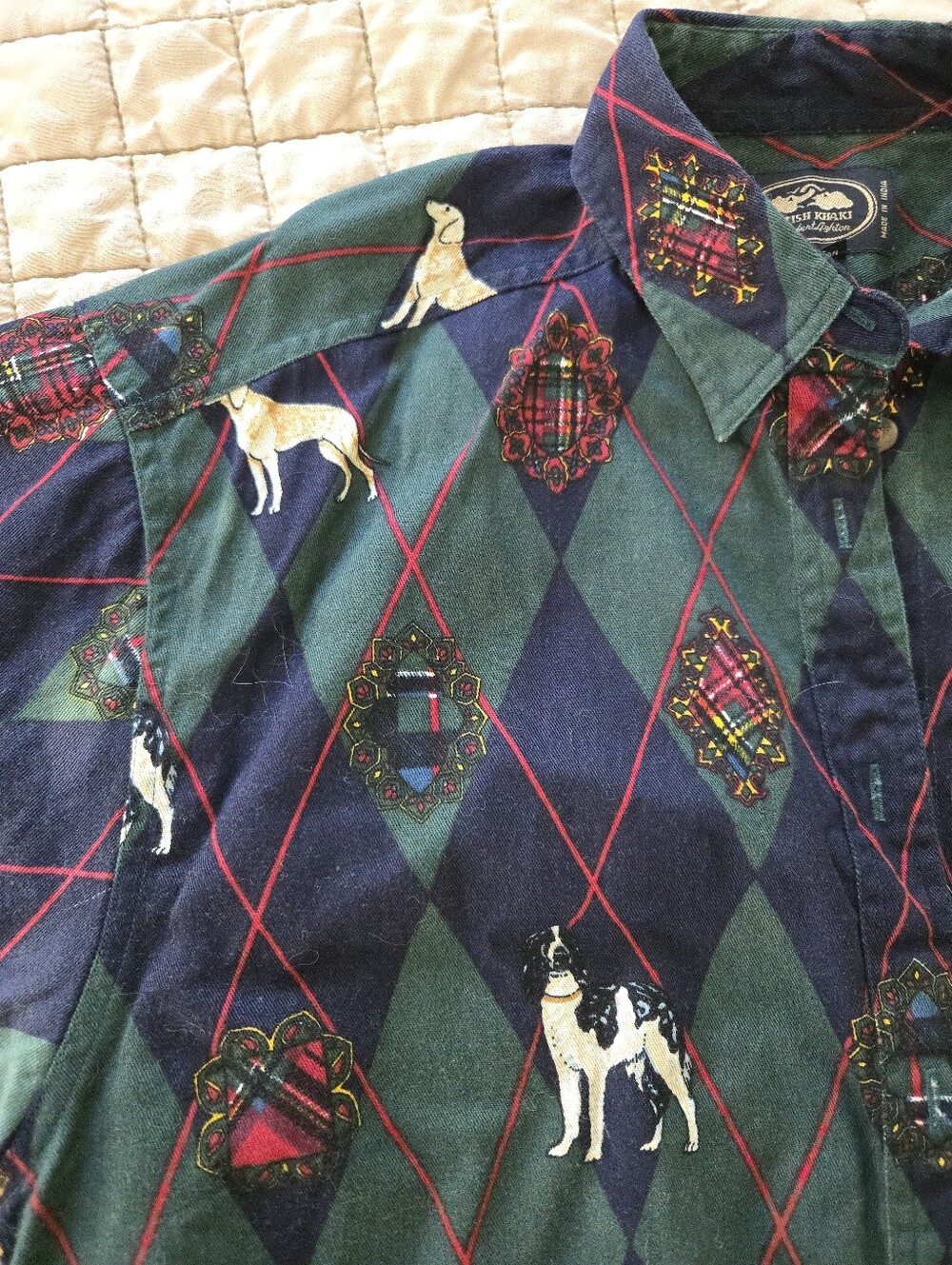 Vintage Dogs Argyle Cotton Shirt Size 14 Unisex